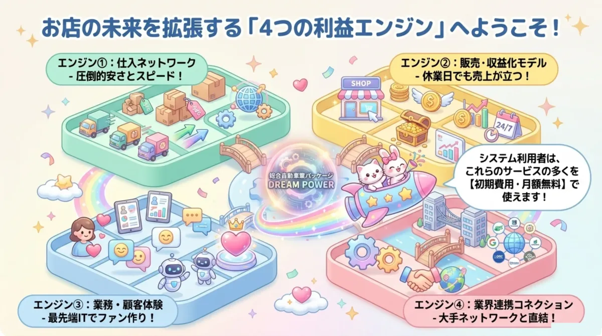エンジン①仕入ネットワーク - 圧倒的安さとスピード、エンジン②販売・収益化モデル - 休業日でも売上が立つ、エンジン③業務・顧客体験 - 最先端ITでファン作り、エンジン④業界連携コネクション - 大手ネットワークと直結。