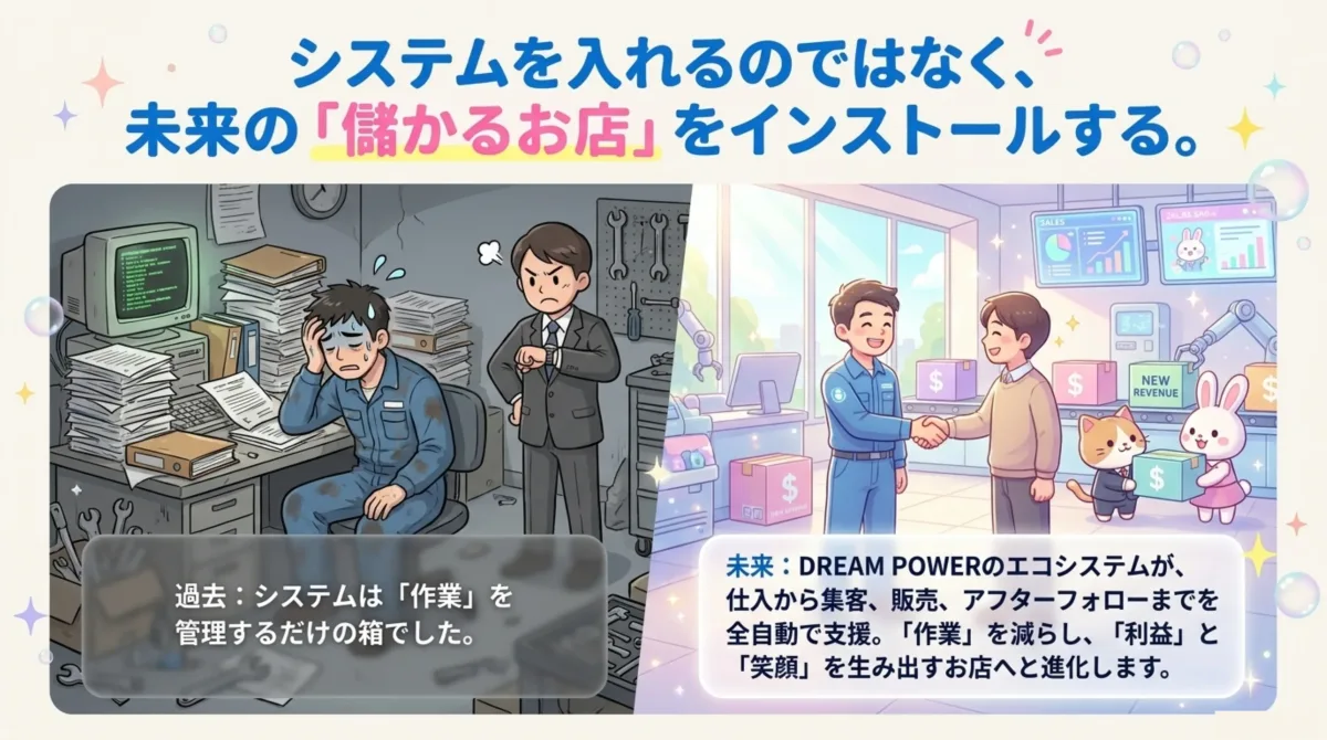 過去:システムは作業を管理するだけの箱でした。未来:DREAM POWERのエコシステムが、仕入から集客・販売・アフターフォローまでを全自動で支援。作業を減らし、利益と笑顔を生み出すお店へ進化します。